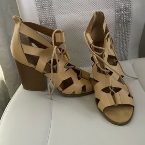 tan tie up wedge block heel